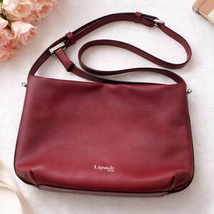 Lipault Paris Burgundy Lambskin Leather Crossbody Bag | Adjustable Strap